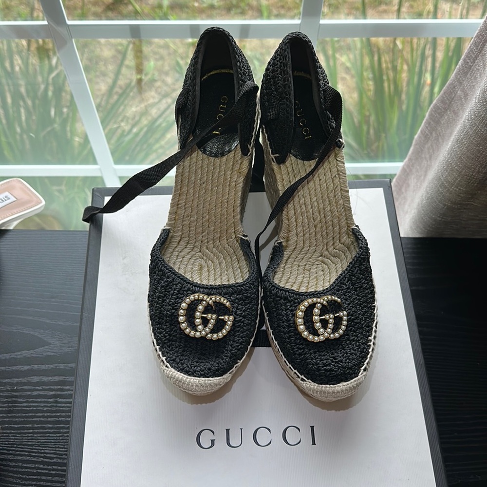 Gucci Cotton Crochet Pearly GG Wrap Platform Espadrille Wedges